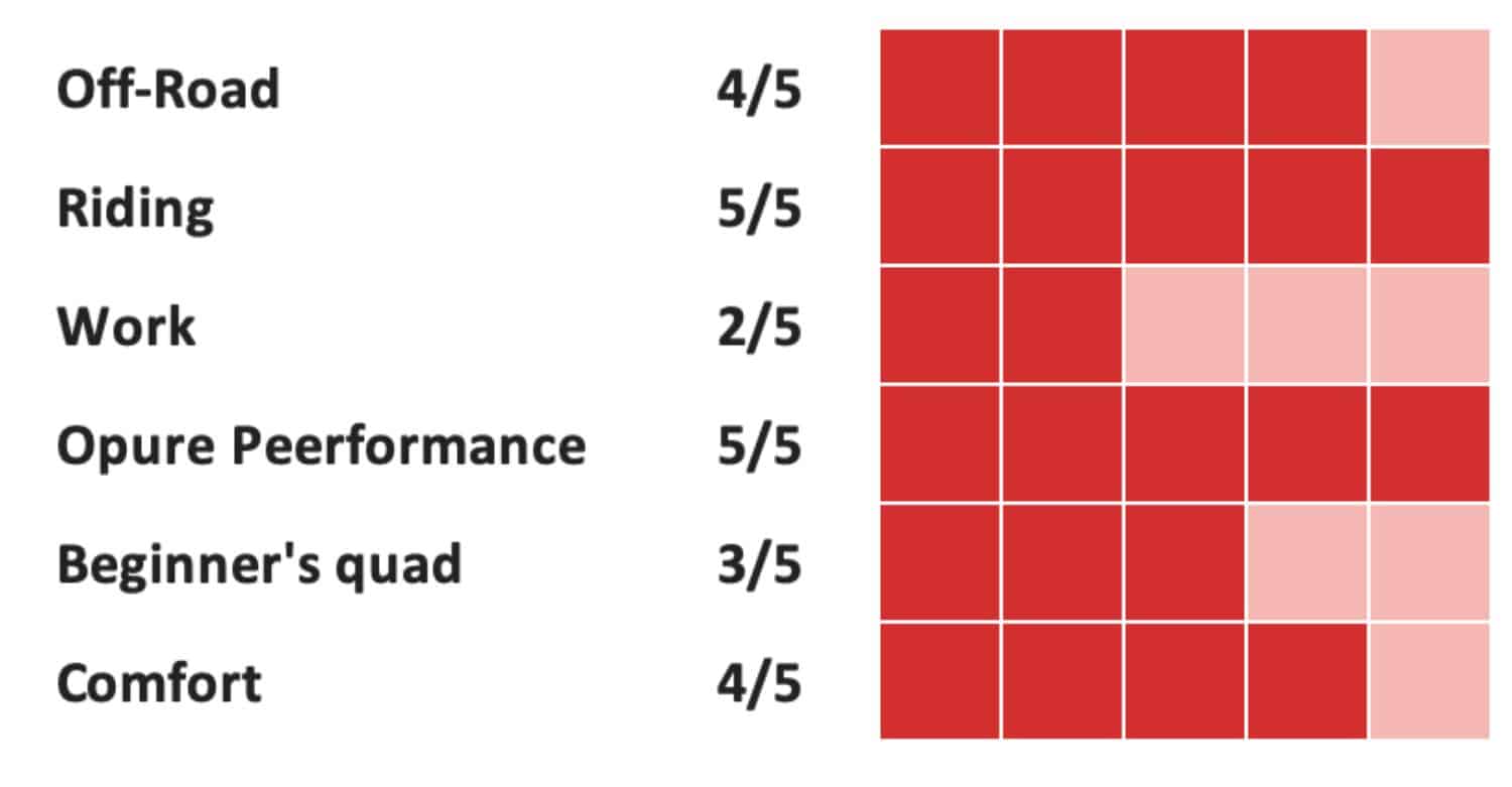performance rating chart for an atv showing off-road 4/5, riding 5/5, work 2/5, pure performance 5/5, beginner’s quad 3/5, and comfort 4/5 with red square rating indicators.