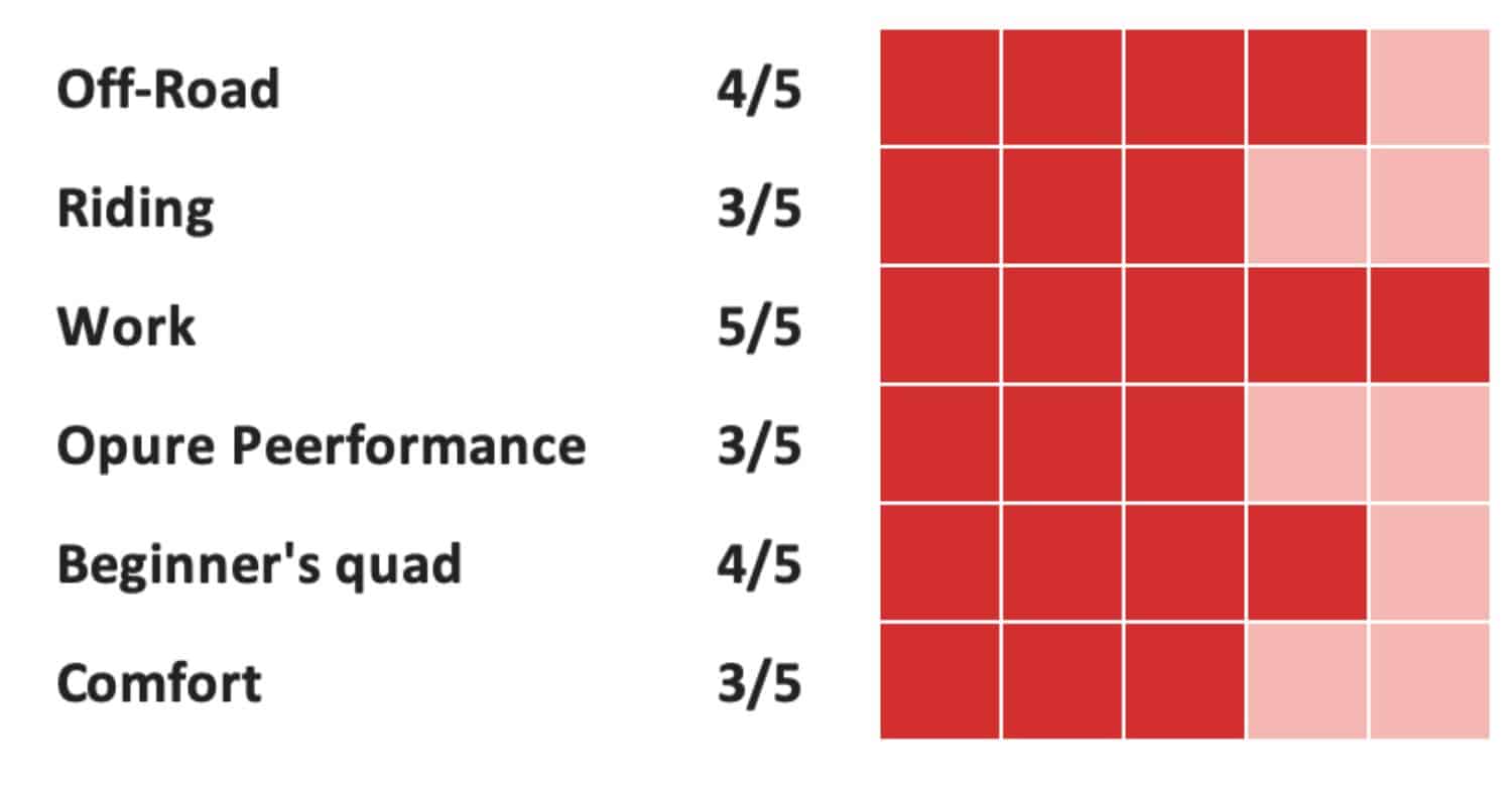 performance rating chart for an off-road quad showing scores for off-road (4/5), riding (3/5), work (5/5), pure performance (3/5), beginner’s quad (4/5), and comfort (3/5) with red rating blocks visualizing each score.